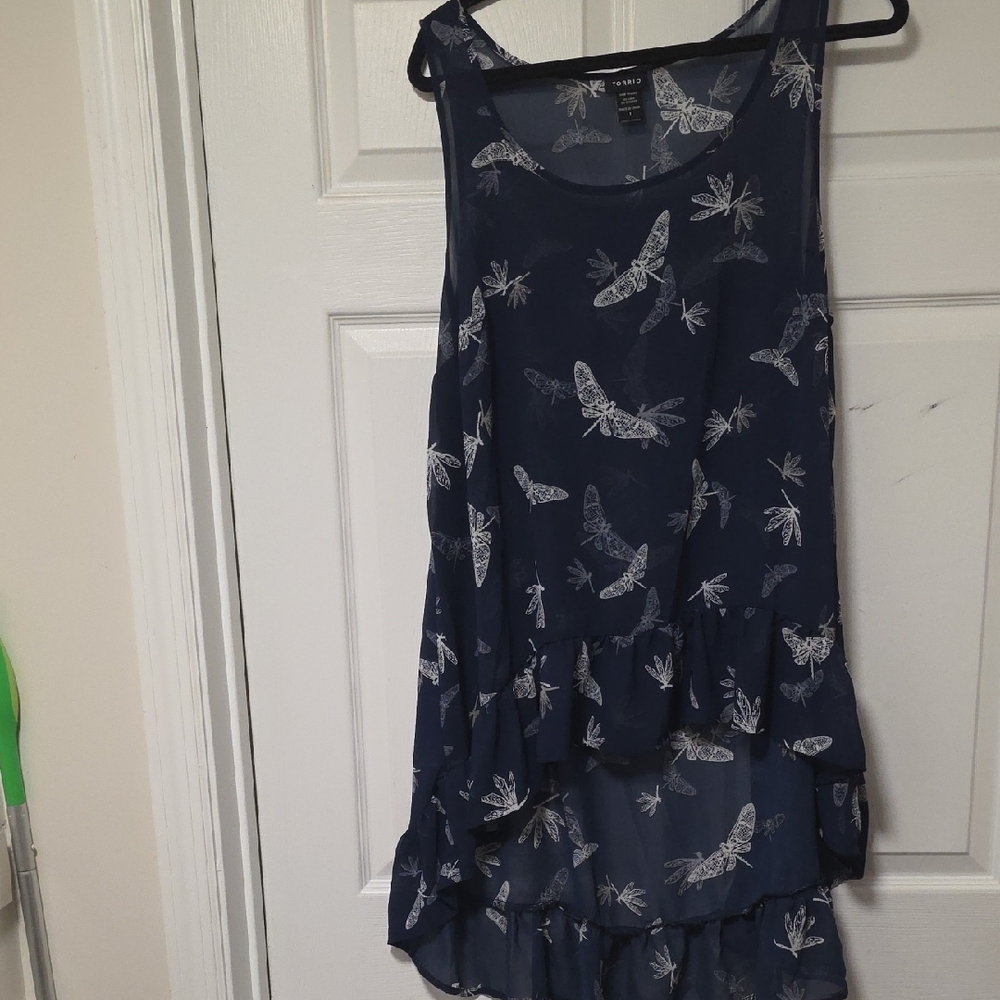 Torrid Blue Hi-Low Top with White Dragonfly Design